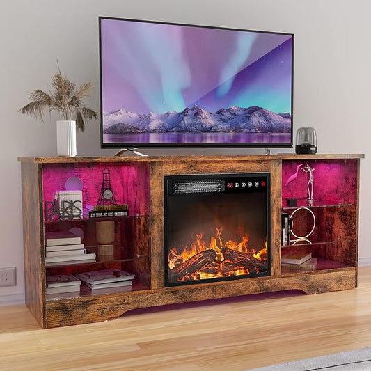 TAVATA Fireplace TV Stand with 18" Fireplace, Modern Entertainment Center for TVs up to 65 inch, Media TV Console for Living Room with Led Lights, Adjustable Glass Shelves and Storage Cabinets (Brown)