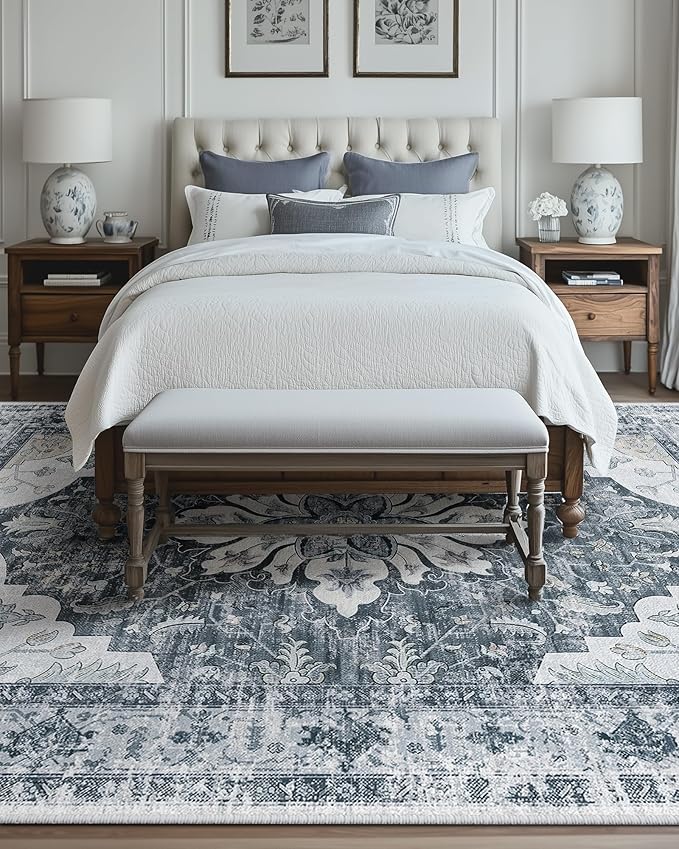 RELEANY Area Rugs 8'x10' Washable Non-Slip, Floral Vintage Distress Print Pattern Medallion Carpet for Living Room Bedroom Dining Room, Light Gray Grey White