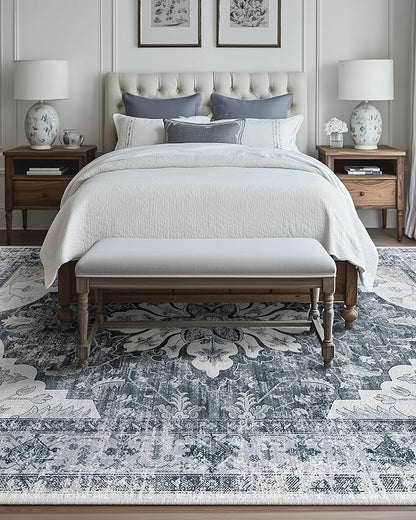 RELEANY Area Rugs 8'x10' Washable Non-Slip, Floral Vintage Distress Print Pattern Medallion Carpet for Living Room Bedroom Dining Room, Light Gray Grey White