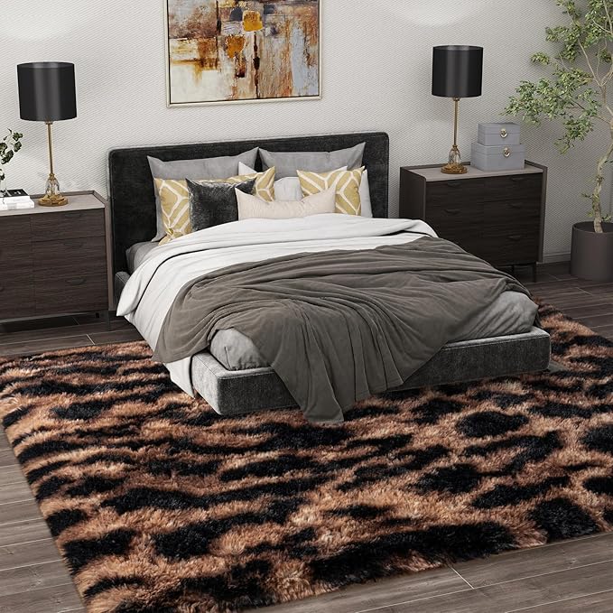 Shag Rugs for Living Room 5x7, Ultra Soft Tie-Dyed Brown Leopard Big Fuzzy Rugs for Bedroom, 5 x 7 Fluffy Shaggy Plush Cheetah Carpet Kids Room Dorm Upgrade Non-Slip