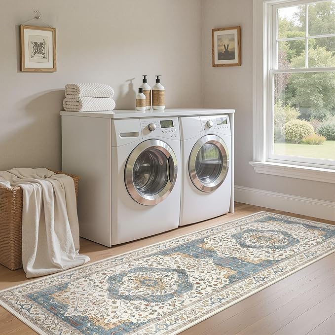 Area Rug for Living Room - 3x8 Soft Washable Oriental Vintage Floral Distressed Large Carpet - Fade Stain Resistant Non Slip Rugs for Bedroom Dining Room Nursery Dorm Office Home Decor - Blue/Beige