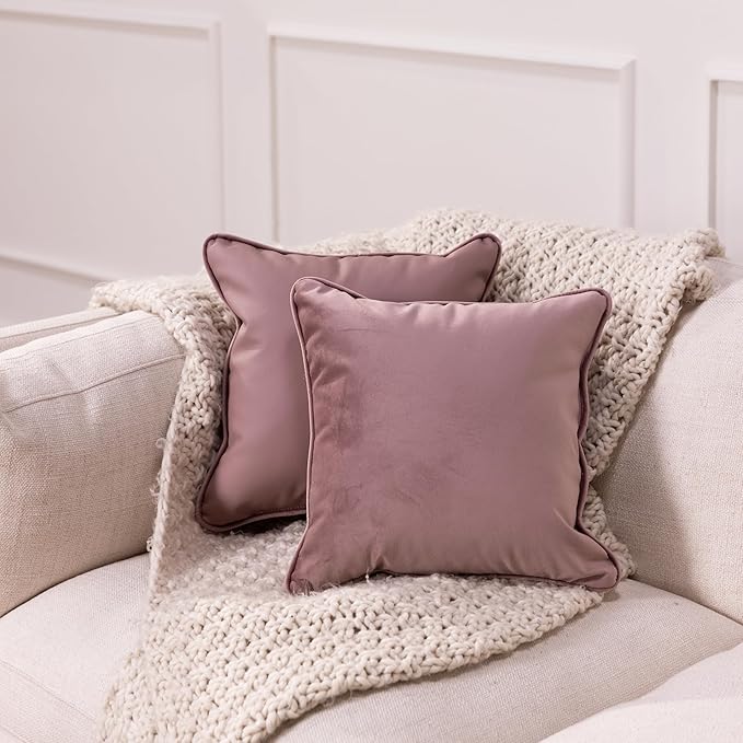 FDP 15" x 15" Velvet and Vinyl Square Pillow Set with Piping Decorative Throw Pillow for Home Dcor in Living Room, Bedroom or Lounge (2-Pack) - Mauve, 15161-112