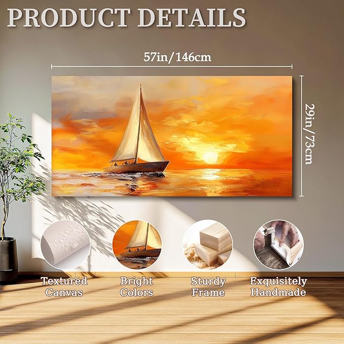 SERIMINO Ocean Sunset Wall Art, Sailboat on Sea Extra Large Artwork, Nautical Landscape Canvas Art Prints, Still Life Aesthetic Paintings Wall Decor Living Room Bedroom Home Office Hotel 29"X57"