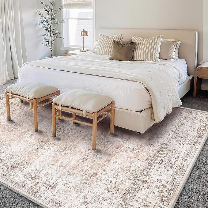 CHAMPLANT Washable Area Rug 3'x5' Vintage Traditional Floor Cover Foldable Thin Rugs Retro Kitchen Indoor Distressed Non Slip Carpet Floral Print Mat Bedroom Living Room