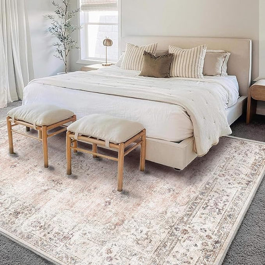 CHAMPLANT Washable Area Rug 3'x5' Vintage Traditional Floor Cover Foldable Thin Rugs Retro Kitchen Indoor Distressed Non Slip Carpet Floral Print Mat Bedroom Living Room