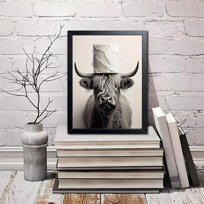 ARKZSHO Black and White Bathroom Wall Art, Funny Highland Cow Canvas Poster Print Picture, Modern Farmhouse Wall Decor Painting, Cute Animal Bathroom Restroom Home Decoration 8x10 Inch Wood Framed