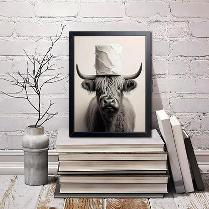 ARKZSHO Black and White Bathroom Wall Art, Funny Highland Cow Canvas Poster Print Picture, Modern Farmhouse Wall Decor Painting, Cute Animal Bathroom Restroom Home Decoration 8x10 Inch Wood Framed