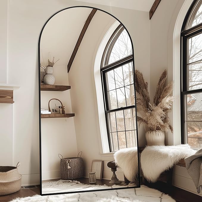 Antok Oversized Full Length Mirror with Stand, 91"x46" Arched Floor Mirror, Aluminum Frame, Wall Mounted/Leaning/Free Standing, Large Body Mirror for Bedroom Living Room Entryway Dressing Room,Black