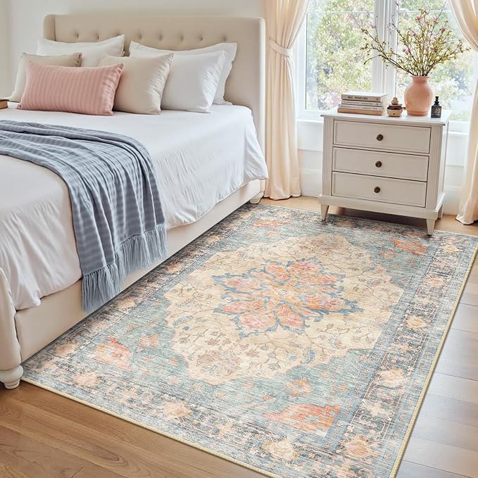 RELEANY Area Rugs 4'x6' Washable Non-Slip, Floral Vintage Distress Print Pattern Medallion Carpet for Living Room Bedroom Dining Room, Blue Orange Red