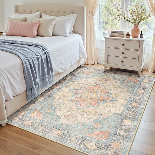 RELEANY Area Rugs 4'x6' Washable Non-Slip, Floral Vintage Distress Print Pattern Medallion Carpet for Living Room Bedroom Dining Room, Blue Orange Red