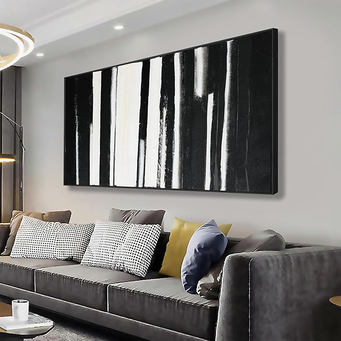 Framed Abstract Canvas Wall Art - Large Minimalist Stripes Black & White - Modern Wall Decor for Living Room, Bedroom, Kitchen & Office - 29"58"