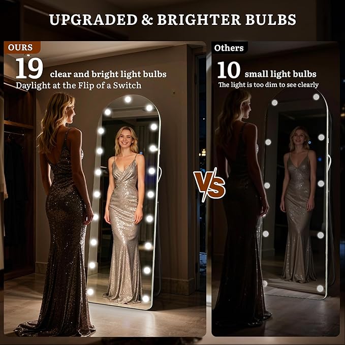63"×20" Arched Hollywood Full Length Mirror, Standing/Leaning/Hanging Full Body Mirror with 19 Surrounding Lighted Bulbs, Floor Mirror with 3-Mode LED Lights for Bedroom and Living Room
