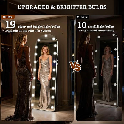 63"×20" Arched Hollywood Full Length Mirror, Standing/Leaning/Hanging Full Body Mirror with 19 Surrounding Lighted Bulbs, Floor Mirror with 3-Mode LED Lights for Bedroom and Living Room