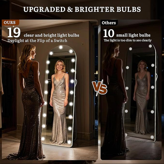 63"×20" Arched Hollywood Full Length Mirror, Standing/Leaning/Hanging Full Body Mirror with 19 Surrounding Lighted Bulbs, Floor Mirror with 3-Mode LED Lights for Bedroom and Living Room