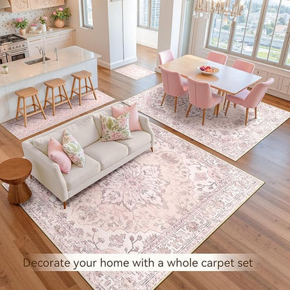 RELEANY Area Rugs 8'x10' Washable Non-Slip, Floral Vintage Distress Print Pattern Medallion Carpet for Living Room Bedroom Dining Room, Pink Greypink Cute
