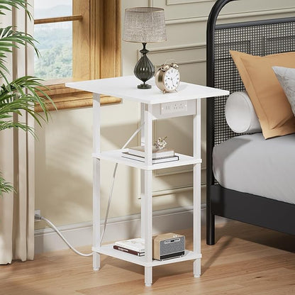 Asgolion Tall Side Table with Charging Station, Skinny End Table Nightstand with USB Ports and Outlets, 3 Tier Narrow Side Table with Storage for Bedroom, Living Room, Office, Nursery, White