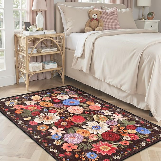 Floral Machine Washable Rug Black/Brown, 3x5 Non Slip Soft Bedroom Rug for Entryway Dorm, Ultra-Thin Stain Resistant