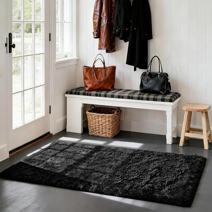 Soft Runner Rugs for Bedroom, Black 3x7 Area Rugs Fluffy Rug Shag Area Rug Carpet, Bedside Rug for Living Room Bedroom Kids Room Home Decor