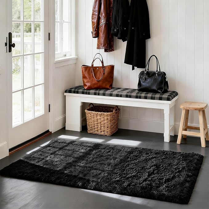 Soft Runner Rugs for Bedroom, Black 2x6 Area Rugs Fluffy Rug Shag Area Rug Carpet, Bedside Rug for Living Room Bedroom Kids Room Home Decor