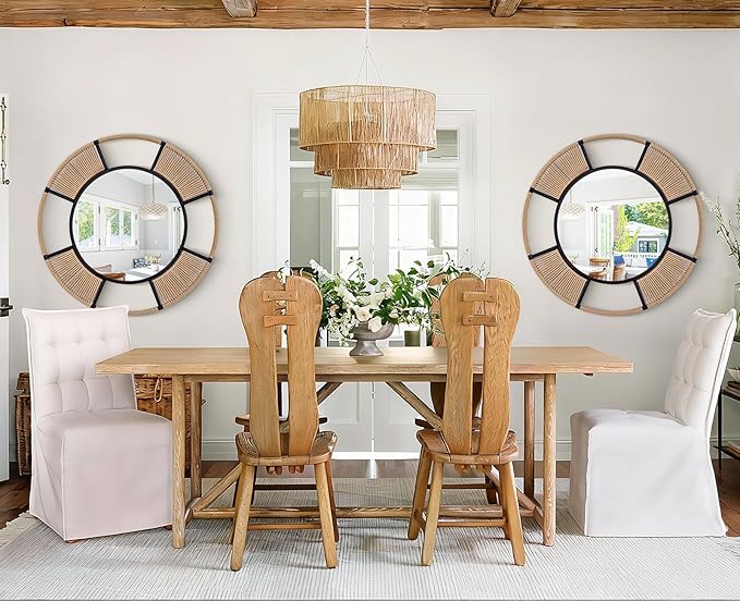 Large Round Mirrors for Wall Decor, 36.6'' Boho Coastal Mirror with Detachable Rattan and Black Metal Frame, Black Farmhouse Mirror for Bathroom Power Room Fireplace Hallway