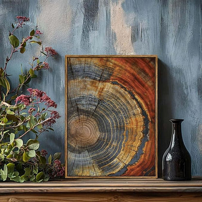 BingruiArt Framed Tree Ring Canvas Wall Art Red and Gold Abstract Wood Wall Decor Boho Modern Colorful Nature Prints Pictures Poster for Living Room Bedroom Bathroom Office 12"x16" Natural Framed(03)