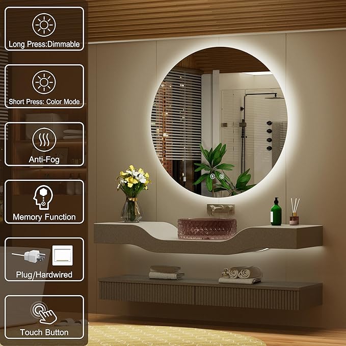30 Inch Round LED Bathroom Mirror with Light, 3 Color Temperatures (3000K/4500K/6000K), Anti-Fog, Dimmable Backlit, Frameless Round Lighted Bathroom Mirror