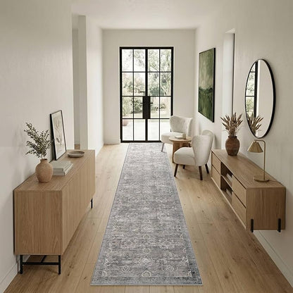 Rugxara 2x10 Runner Rug, Washable Kitchen Rugs, Grey Boho Vintage Floral Hallway Runner, Non Slip Low Pile Area Rug Carpet for Indoor Hallway, Kitchen, Laundry Room and Bathroom(Taupe/Grey 2x10ft)