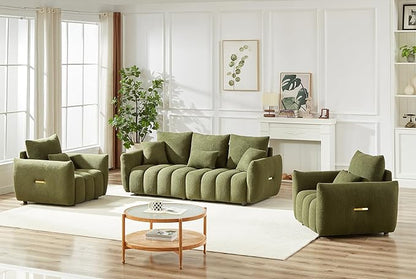 Antetek Set of 3 Teddy Sofa for Living Room, Modern 2 Units Deep Seat Sofa Chairs and an Oversized 3-Seater Cloud Boucle Couch for Bedroom, Office, Apartment, Furniture Set, Green (3 Pieces)