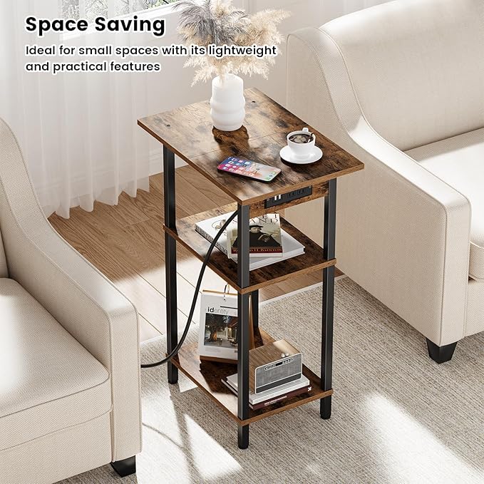Asgolion Tall End Table with Charging Station, Skinny Nightstand with USB Ports and Outlets, 3 Tier Narrow Side Table with Storage for Bedroom, Living Room, Office, Rustic Brown and Black