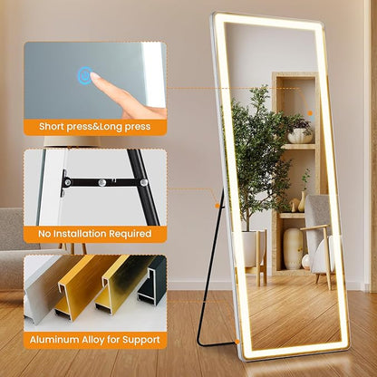 Full Length Mirror with Stand 26"×71", Upgraded Full Body Mirrors with LED Light 3 Color Lighting, Floor Standing, Hanging or Leaning Modern Simple Home Wall Decor, White