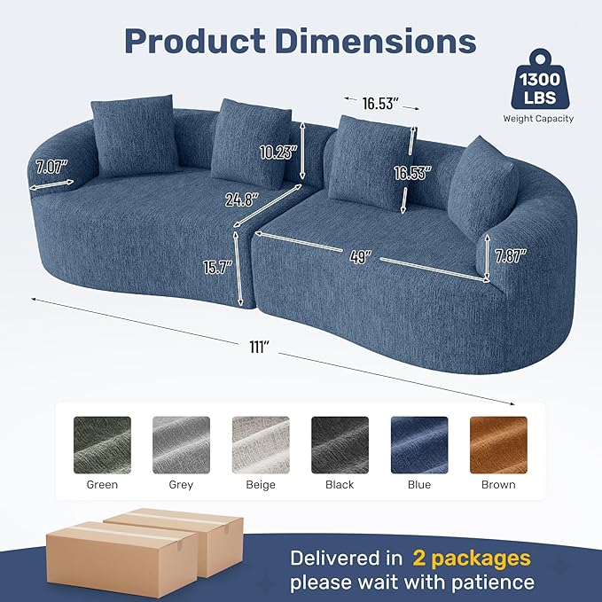 110” Modern Curved Sofa,Oversized Couch for Living Room,Cloud Couch with Boneless Couchs,Modular Sectional Sofa with Deep Seat,No Assembly Required,Dark Blue