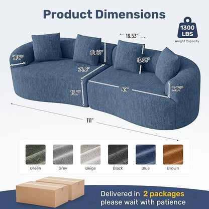 110” Modern Curved Sofa,Oversized Couch for Living Room,Cloud Couch with Boneless Couchs,Modular Sectional Sofa with Deep Seat,No Assembly Required,Dark Blue