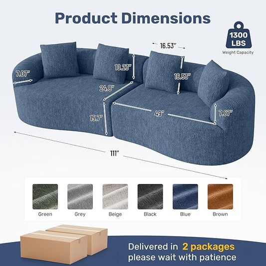 110” Modern Curved Sofa,Oversized Couch for Living Room,Cloud Couch with Boneless Couchs,Modular Sectional Sofa with Deep Seat,No Assembly Required,Dark Blue