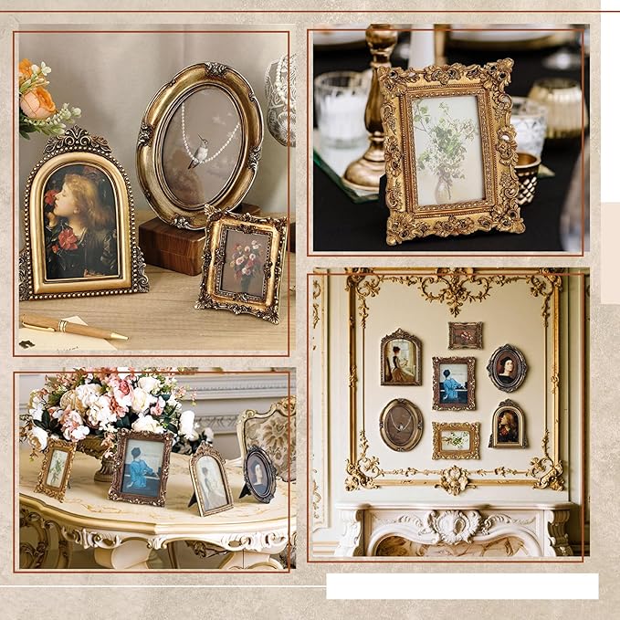 Wonderjune Vintage Picture Frames Set with Glass Front Antique Gold Gallery Wall Frame for 4x6, 5x7 Baroque for Home Decor Photography Props Gifts, Wall or Tabletop(7 Pcs,Rococo)