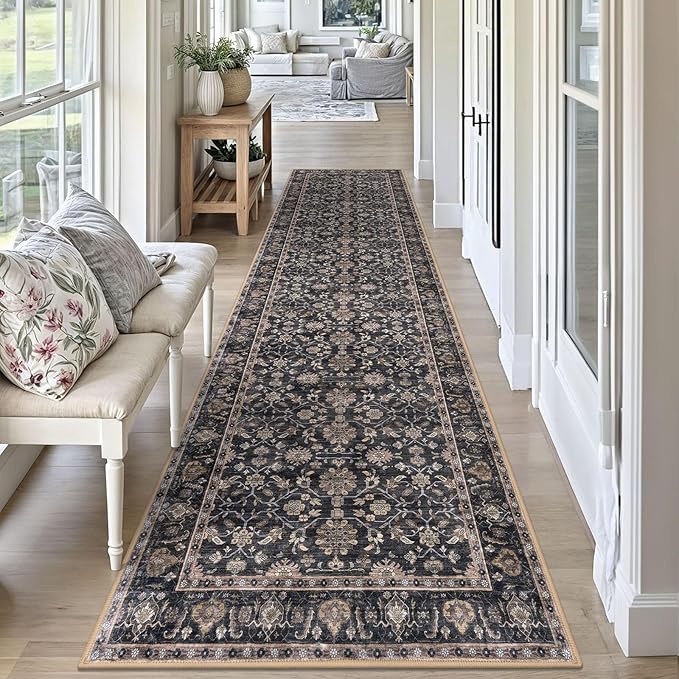 KUTA Vintage Washable Runner Rug, 2.6x10 Brown Runners for Hallways Non-Slip Kitchen Rugs Ultra Thin Soft Printed Distressed Oriental Floral Floor Carpet for Laundry Living Room Nursery