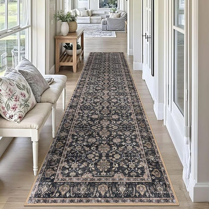 KUTA Vintage Washable Runner Rug, 2.6x10 Brown Runners for Hallways Non-Slip Kitchen Rugs Ultra Thin Soft Printed Distressed Oriental Floral Floor Carpet for Laundry Living Room Nursery