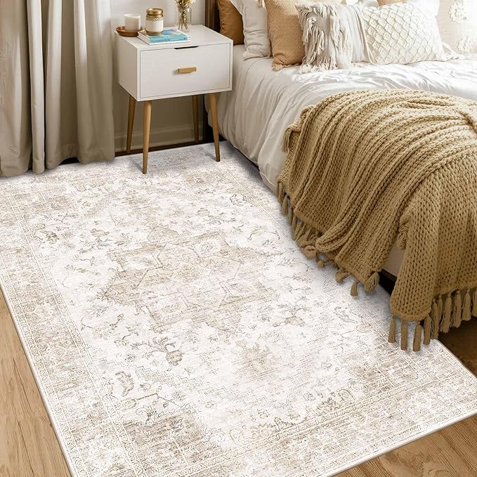 Rugxara Washable Area Rug for Living Room, Vintage Boho Rugs for Office, Dining Room, Kids Room, Farmhouse, Durable Low Pile Non Slip Carpet for High Traffic Areas, Beige(4x6 ft)