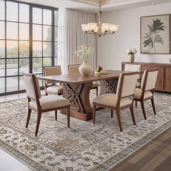 EIEIHOUSE Washable Area Rugs for Living Room - 7x9 Neutral Vintage Distressed Floral Farmhouse Boho Large Soft Floor Rug Indoor Non Slip Carpet for Living Room Bedroom Dining Room Office - Grey Brown