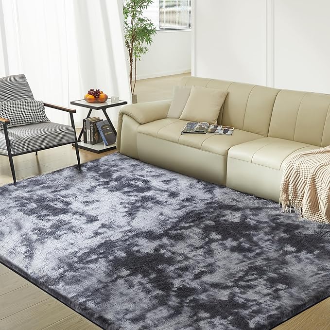 Ultra Soft Rug for Living Room, 4X6 Fluffy Shag Area Rug for Bedroom, Modern Shaggy Carpets Fuzzy Rug for Teens Dorm Nursery Home Decor Aesthetic, Upgrade Anti-Skid Durable, Tie Dye Black and Grey