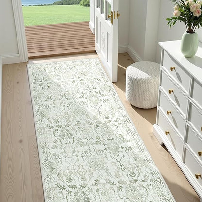 Sage Green 2x6 Runner Rug for Hallways Bed Side Kitchen, Boho Washable Distressed Low-Pile Floor Entryway Long Bathroom Mat, Non-Slip Laundry Room Washstand Front Carpet Green 24x72 Inch