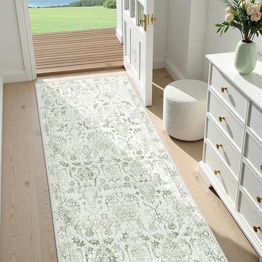 Sage Green 2x6 Runner Rug for Hallways Bed Side Kitchen, Boho Washable Distressed Low-Pile Floor Entryway Long Bathroom Mat, Non-Slip Laundry Room Washstand Front Carpet Green 24x72 Inch