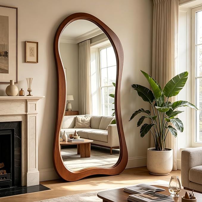 Irregular Full Length Mirror, 71"x33.5" Premium Oversized Organic Floor Mirror with Solid Wood Frame, Asymmetrical Full Body Mirrors for Living Room Entryway Cloakroom, Leaning/Hanging