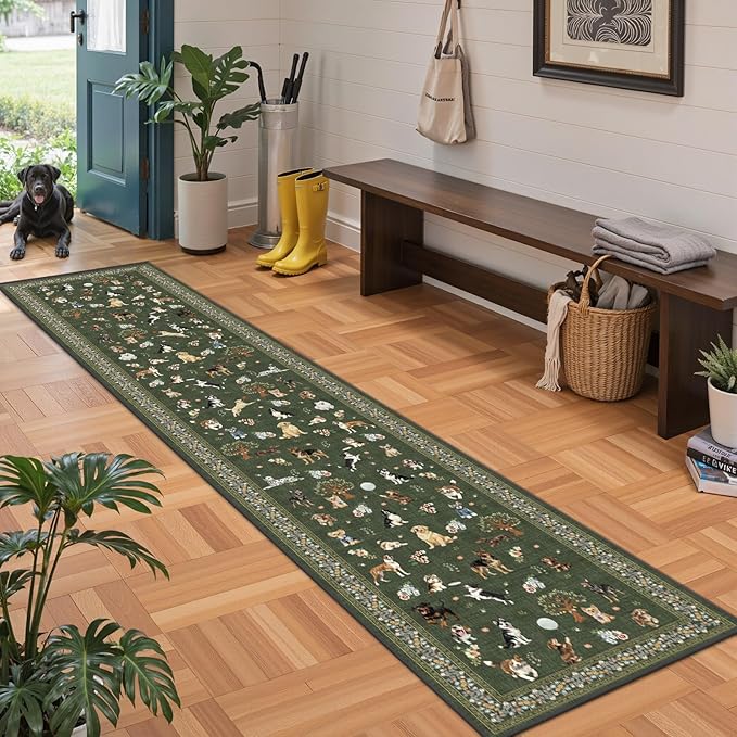 Dog Hallway Runner Dark Green Carpet Non-Slip, 2x10 Washable Rug Ultra-Thin Soft for Hallways, Kitchen Mat Stain Resistant for Entryway Bathroom