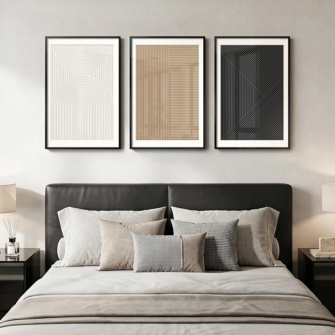 Framed Black and White Abstract Wall Art Bedroom, 3 Piece Neutral Modern Minimalist Canvas Artwork for Walls, Geometric Boho Pictures Prints for Living Room Dining Room Hallway Wall Decor, 16x24 Inch