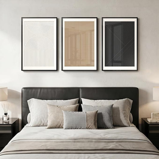 Framed Black and White Abstract Wall Art Bedroom, 3 Piece Neutral Modern Minimalist Canvas Artwork for Walls, Geometric Boho Pictures Prints for Living Room Dining Room Hallway Wall Decor, 16x24 Inch