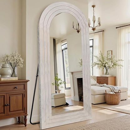 Antok Full Length Mirror with Solid Wood Frame, 81"×41" Wall Mounted Oversized Floor Mirror with Stand, Leaning Standing Hanging for Bedroom Living Room Entryway, White, Arched Syle