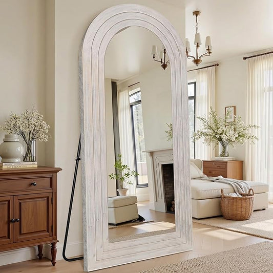 Antok Full Length Mirror with Solid Wood Frame, 81"×41" Wall Mounted Oversized Floor Mirror with Stand, Leaning Standing Hanging for Bedroom Living Room Entryway, White, Arched Syle