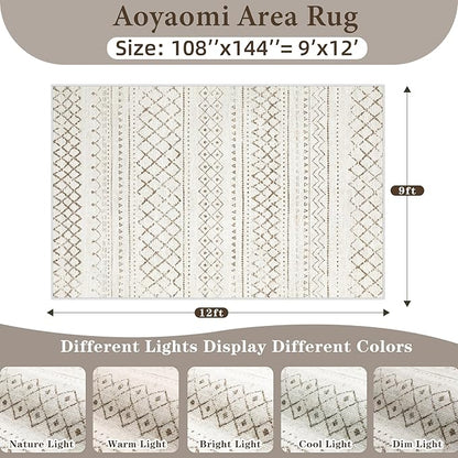 Area Rug for Living Room 9x12: Large Washable Boho Moroccan Rugs Geometric Neutral Rug, Non-Slip Foldable Morden Farmhouse Indoor Floor Carpet for Bedroom Dining Table Home（Brown,9X12）
