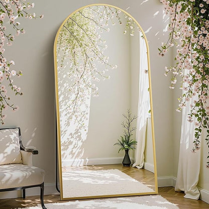 DUMOS Arched Full Length Mirror with Stand 71"x26" Floor Standing Aluminum Frame for Bedroom Body Hanging Leaning Modern Simple Home Decor Shatter-proorf Nano Glass Wall Living Room Cloakroom Gold