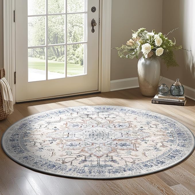 BESTSWEETIE 4ft Area Rug Washable Rugs for Living Room, No Pile Boho Carpet for Entryway Bedroom Dinning Room, Vintage Carpet Print Distressed Non-Slip, 48" Round, Beige Blue